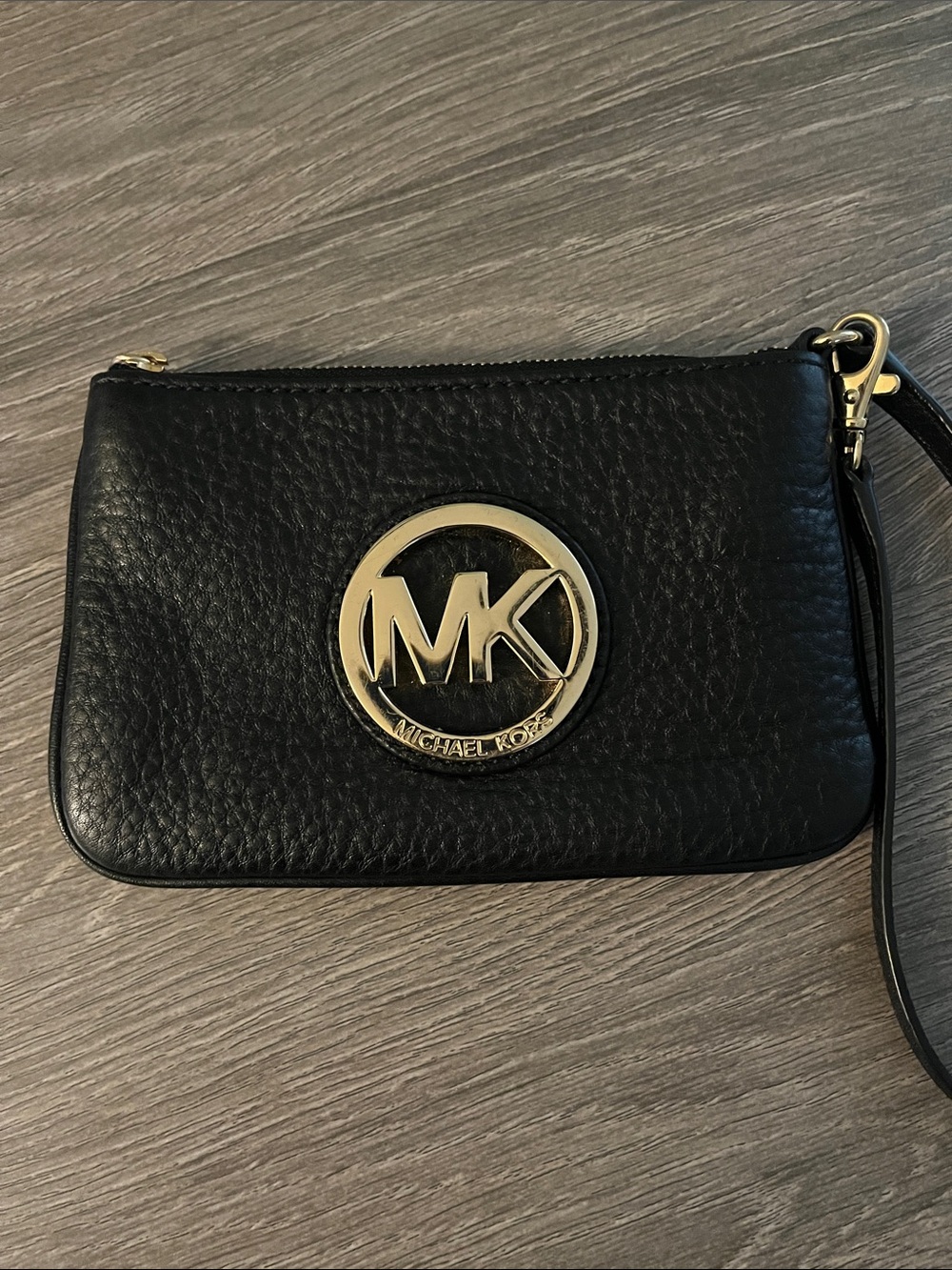 Michael Kors Black Leather Wristlet with Gold MK Emblem